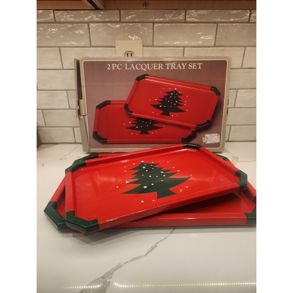 Vintage Lacquered Christmas Trays Set Of 2 Red w/Green Tree With Original Box